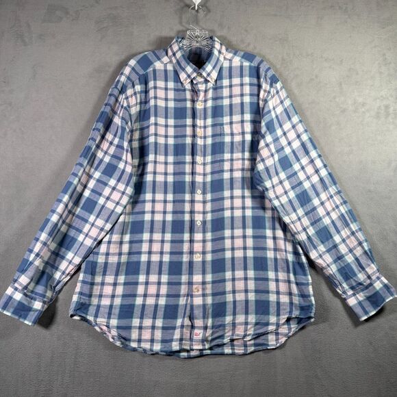 Vineyard Vines Shirt Men L Blue Pink Plaid Classic Fit Murray Button Linen Blend - Picture 2 of 12